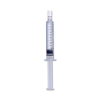 Unpacked BD PosiFlush 10mL pre-filled sterile saline syringe: clear barrel, 10 mL fill, Luer-Lok tip, bold graduations, REF BD306547