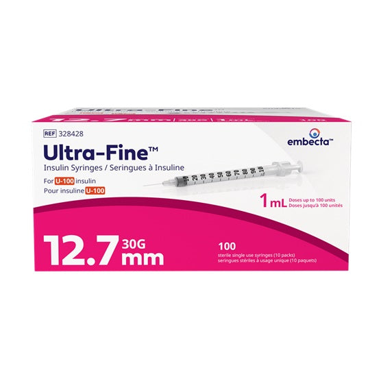 Embecta 328428 Insulin Syringe 1 mL, 30G x 12.7mm – U‑100 Graduated, 100 per Box
