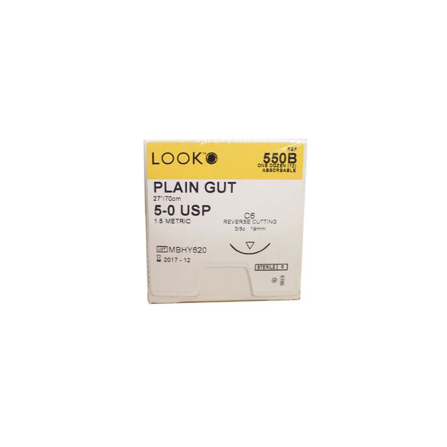 Look™ LK550B Absorbable Plain Gut Suture, 5-0, 27 in, C6 Reverse Cutting Needle