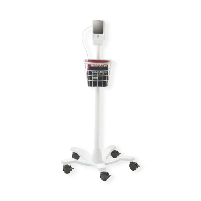 White roll stand with a Welch Allyn ProBP 2000 blood pressure monitor on a white background