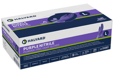 Front and top view of Halyard PURPLE NITRILE Exam Gloves box on white background: purple powder-free nitrile gloves, 6 mil thickness, textured fingertips, box of 100 (XL: 90), fentanyl-resistant barrier protection