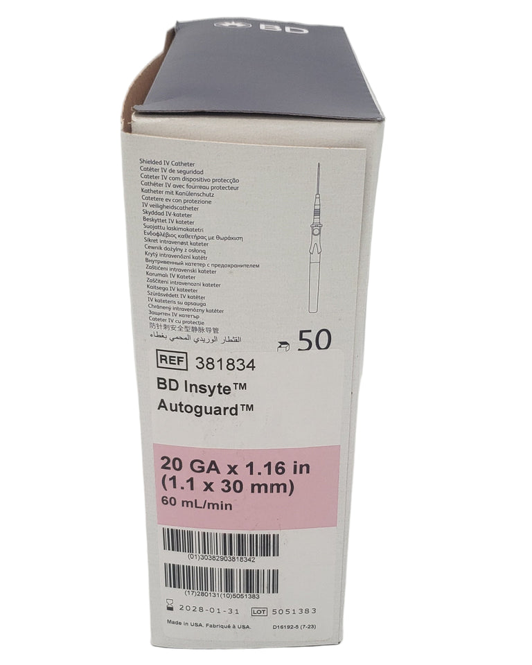 BD 381834 Insyte Autoguard Catheter 20G x 1.16