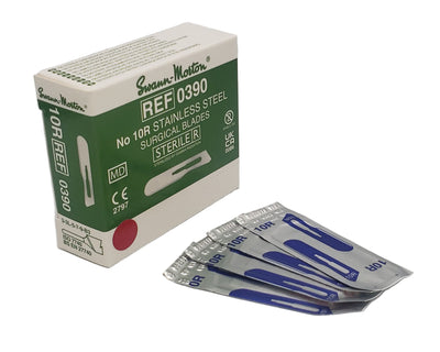 Front view of Swann-Morton #10R Butter Blade scalpel box with unpackaged blades in front: sterile dermaplaning blades, short rounded tip, stainless steel, box of 100, REF 0390