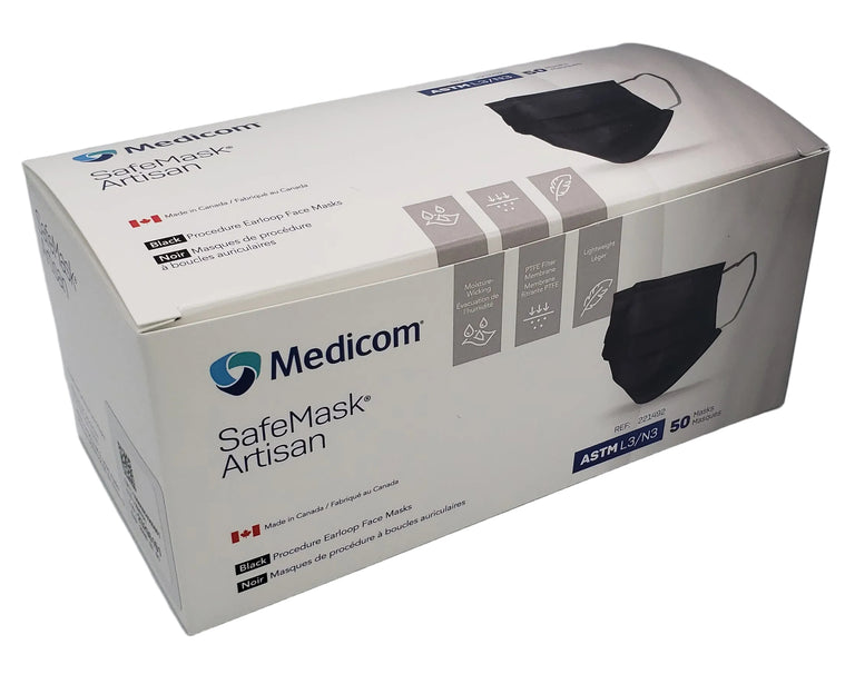 Front and top view of Medicom SafeMask Artisan Level 3 black earloop face masks box on white background: ASTM F2100 rated, matte black premium design, 50 masks per box