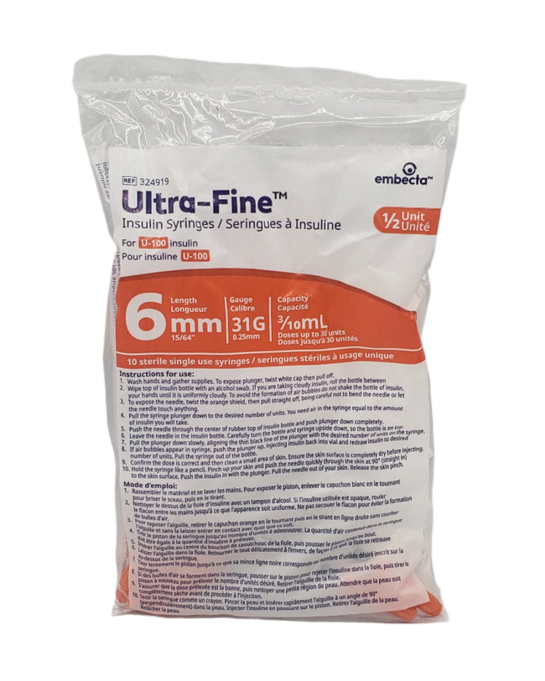 Embectaa 32x4 Embecta 324919 Ultra-Fine Insulin Syringes 0.3mL 31G 6mm – Box of 100