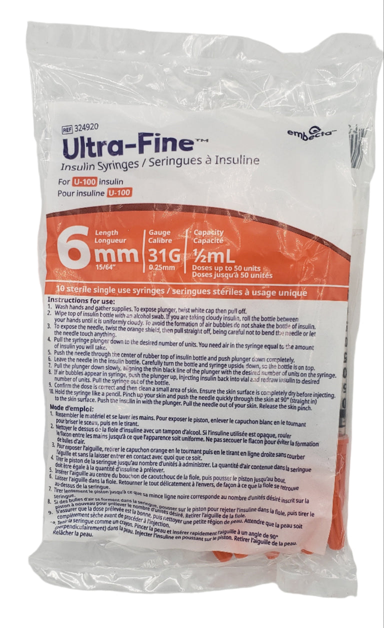 Embecta Ultra File Syringes 0.5ml x 31G x 6mm Embecta 324920 Insulin Syringes with BD Ultra-Fine N