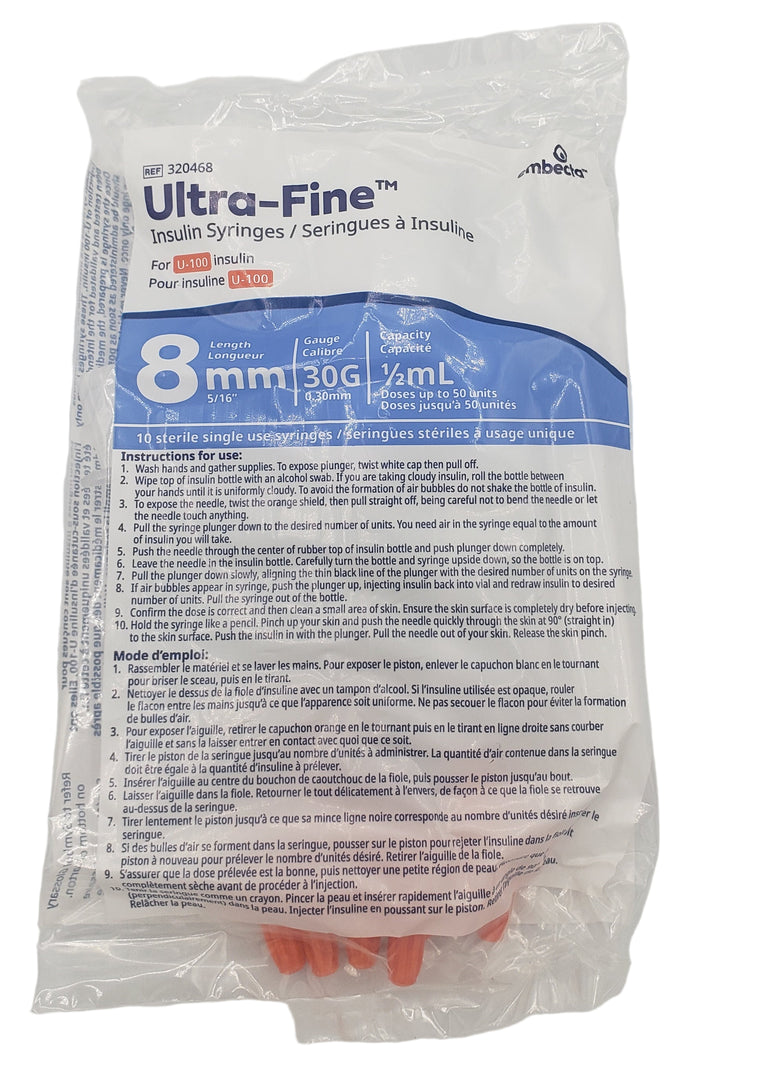 Embecta Ultra File Syringes BD Insulin Syringes 0.5ml x 30G x 8mm - Canadian Medical Supply
