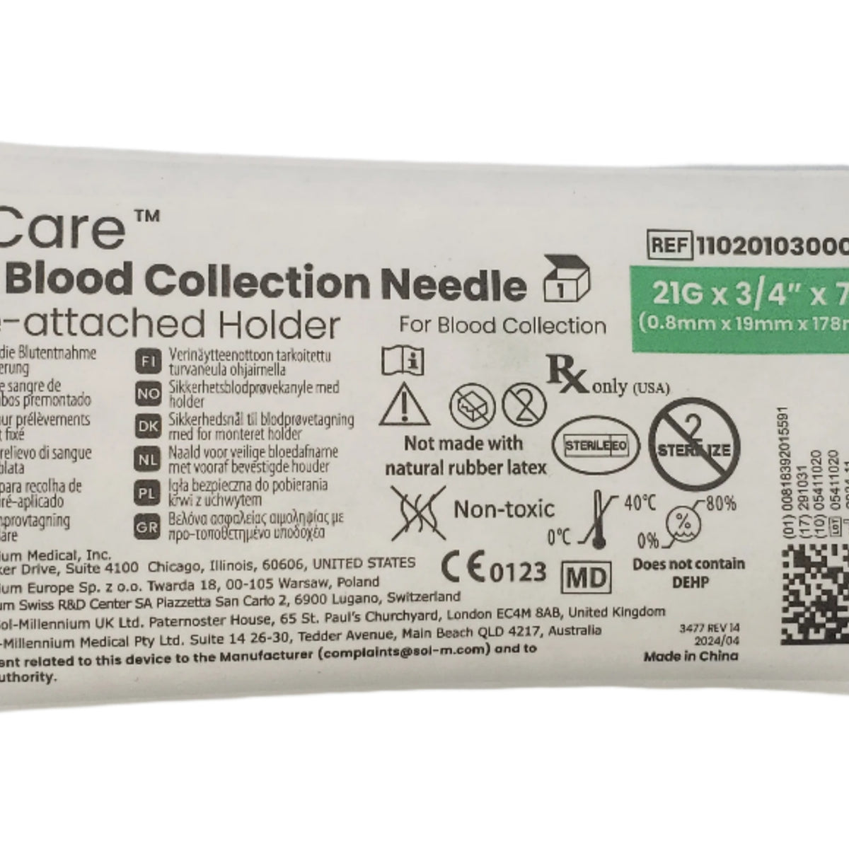SOL-M Safety Blood Collection Needle 21G × 0.75