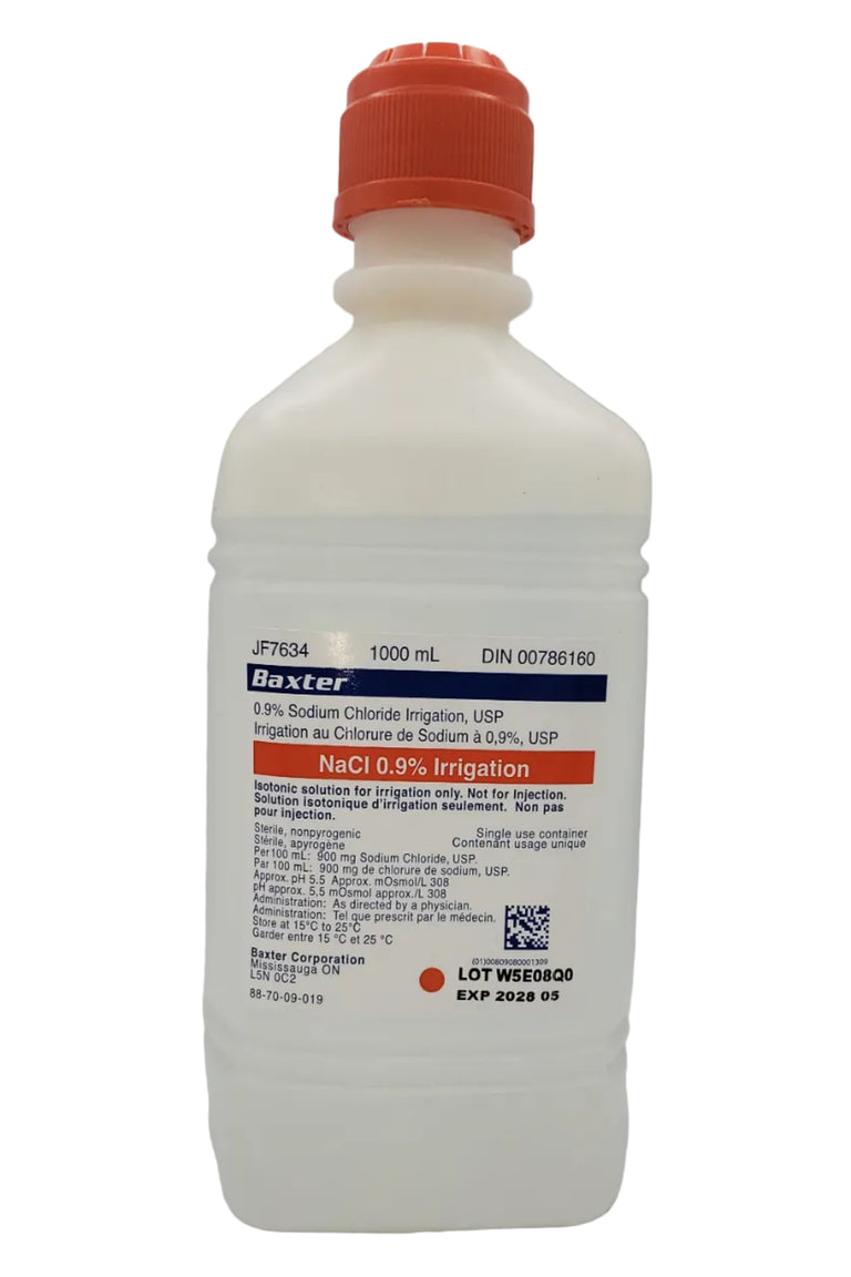 Front view of USP Normal Saline 0.9% Sodium Chloride 1000 mL bottle: sterile wound irrigation solution, isotonic, 1 litre, clear plastic with label