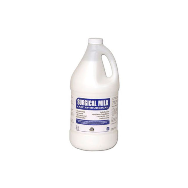 A white plastic gallon jug of Surgical Milk for instruments featuring a white label with blue text and a handle on the side, set against a plain white background.