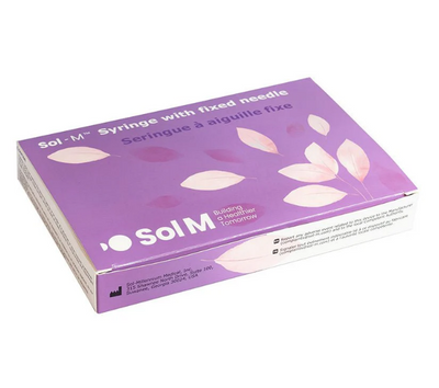 Front view of SOL-M 0.3 mL cosmetic syringe with fixed 31G × 8 mm needle box on white background: ultra-fine short needle, clear barrel label, 0.01 mL graduations, REF ATS002, box of 30