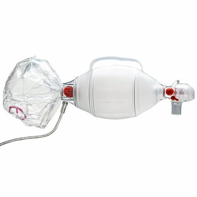 An Ambu Spur II Bag Valve Mask with a clear, inflated bag and a white, plastic frame with red and black accents.