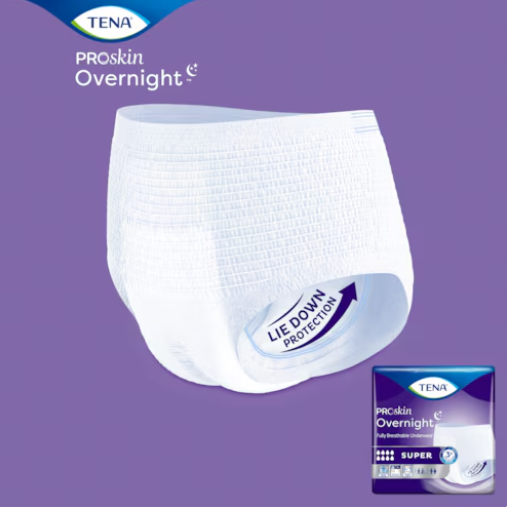 TENA ProSkin Overnight product with packaging on a purple background