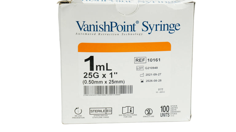 VanishPoint Syringe packaging with specifications on a white background