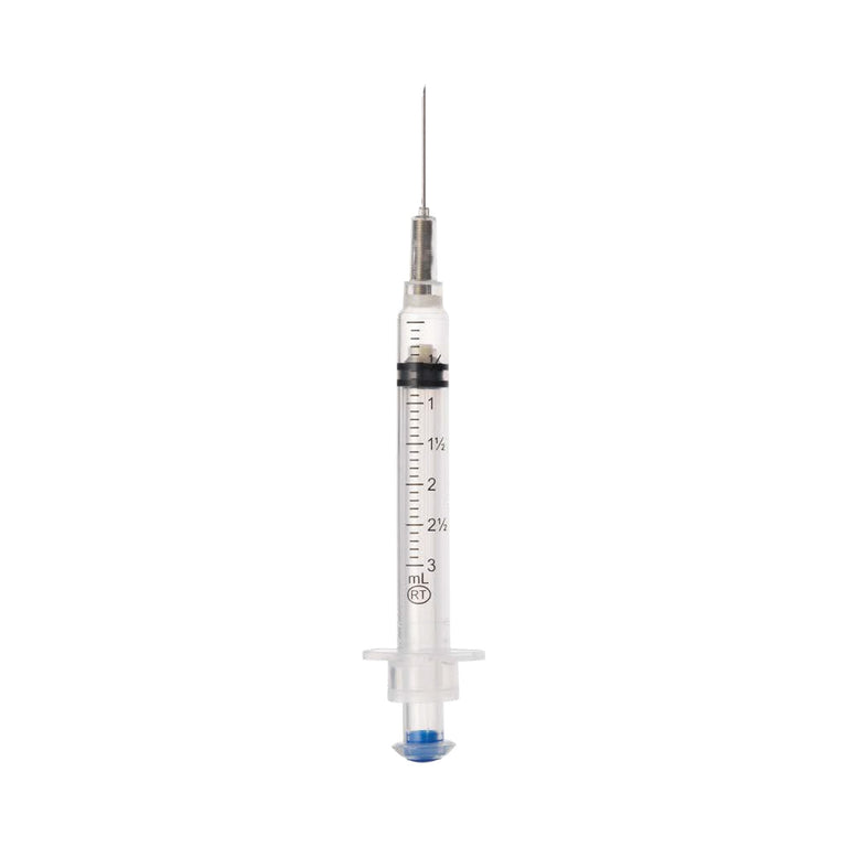 Medical syringe with needle on a white background