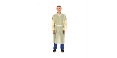 Person wearing a yellow protective gown on a white background