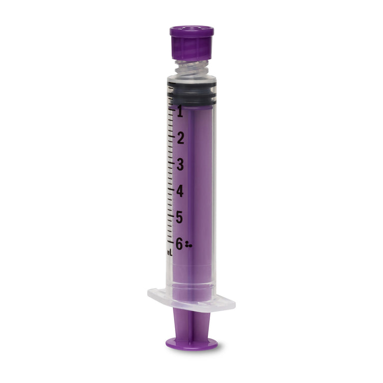 6ml enfit sterile purple syringe on white background