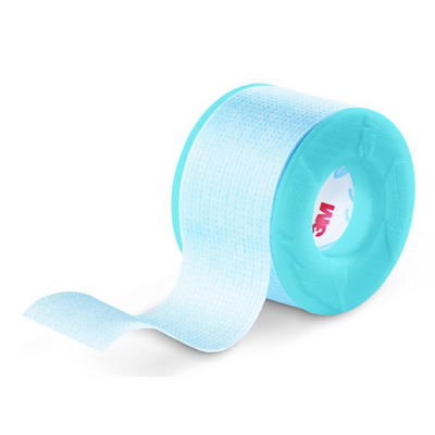 Front view of 3M Micropore Kind Removal Tape Sensitive Skin Blue box on white background: 1" × 5 yd roll, blue silicone tape, hypoallergenic latex-free label, gentle adhesion for dressings & sensitive skin, REF 2770-1, box of 12 rolls