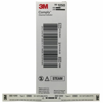 Front view of 3M Comply Steam Chemical Indicator Strip Class 4 box on white background: perforated Type 4 multi-parameter strips, off-white to black color change indicator, REF 1250, box of 480