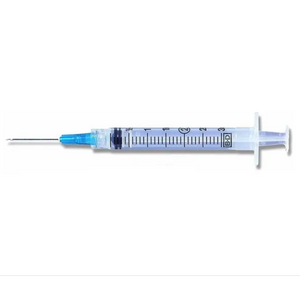 Unpacked BD PrecisionGlide Syringe 3 mL with detachable 25G × 1½
