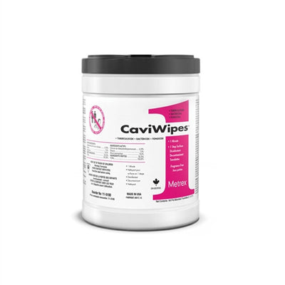 Front view of CaviWipes1™ Surface Disinfectant Wipes 160-count tub on white background: pre-saturated disinfectant towelettes, 6" × 6.75" size label, 1-minute kill time, hospital-grade broad-spectrum formula, REF 11-5100
