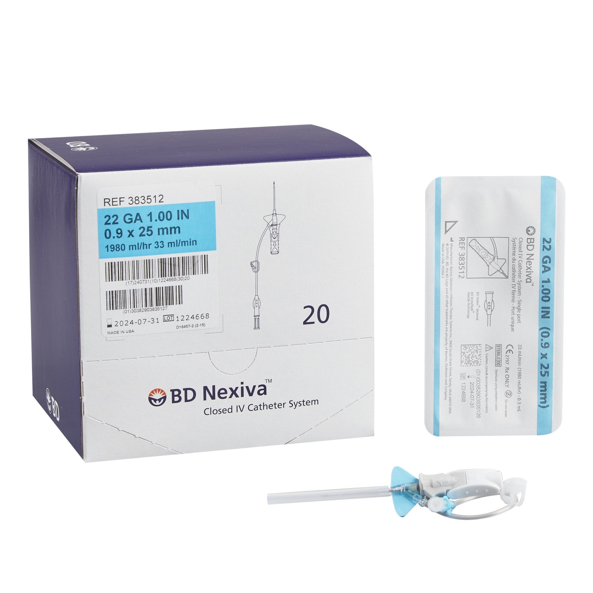 BD Nexiva 22G X 1" Closed IV Catheter Single Port REF 383512